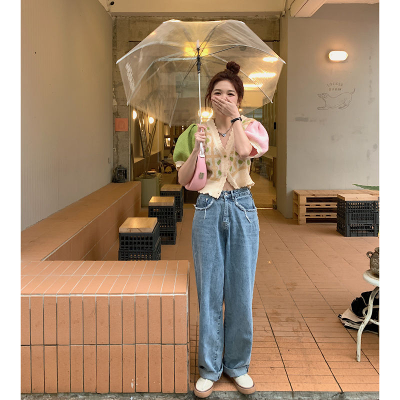 Pastel Flower Patchwork Knit Puff Sleeve Blouse