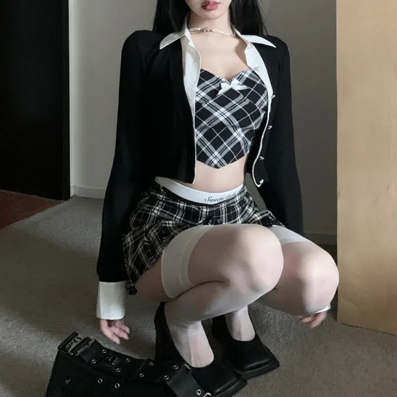 3PCS Plaid Patchwork Camisole + Pleated Skirt + Long Sleeve Shirt