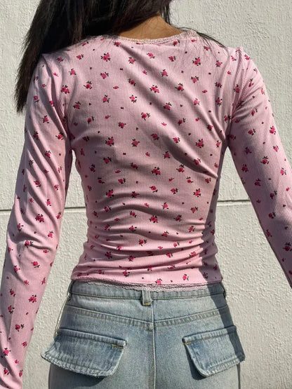 Pink Flower Lace Long Sleeve Shirt