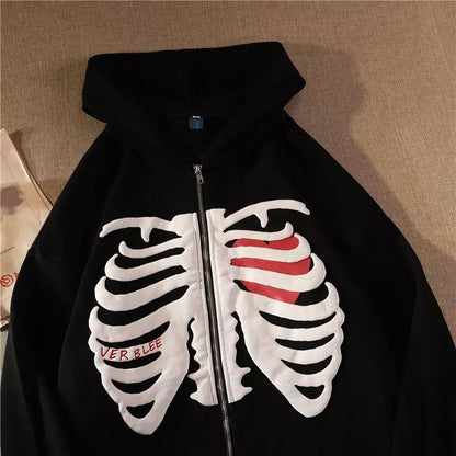 Retro Rib Skeleton Print Long Sleeve Hoodie Jacket Zipper Pullover Casual E-Girl Kawaii Korean Japanese Harajuku Streetwear