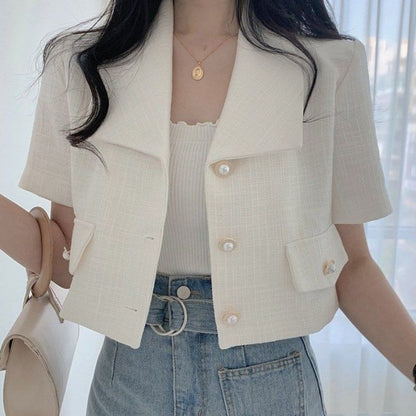 White Pearl Button Tweed Short Sleeve Blouse