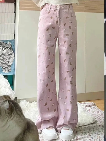 Pink Teddy Bear Print Straight Leg Pants