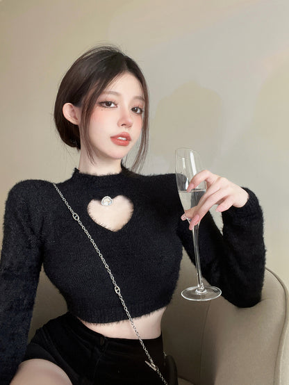 Heart Hollow Out Crystal Stud Long Sleeve Top