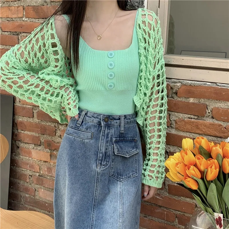 2PCS Green Button Top + Crochet Smock