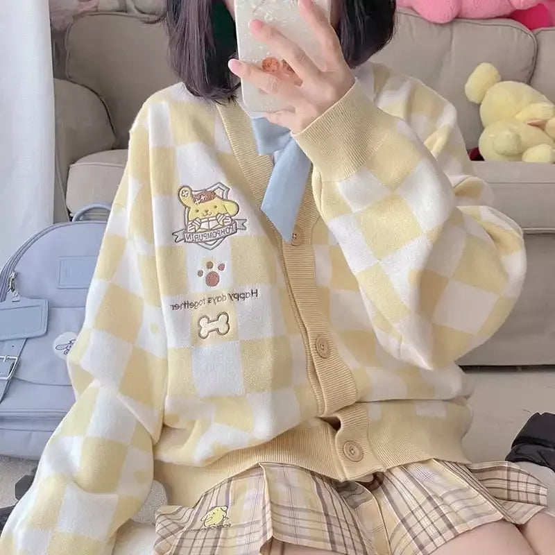 Japanese Anime Embroidery Checkboard Sweater