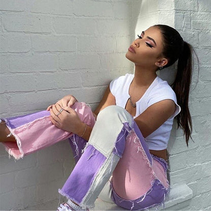 Pink & Purple Patchwork High Waist Pants