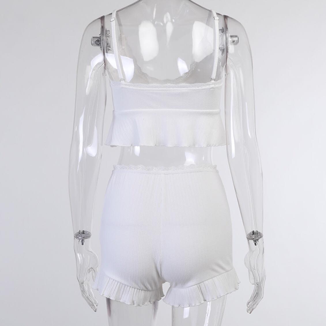 White Lace 2pcs Tracksuit Set Crop Top + Shorts Outwear Pajama Set Loungewear Summer Aesthetic Casual E-Girl Kawaii Korean Japanese Harajuku