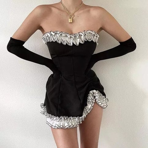Sexy Sweet Black Lace Ruffles Strapless ,Mini Dress Party Club Summer Aesthetic Casual E-Girl Kawaii Korean Japanese Harajuku