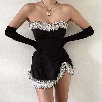 Sexy Sweet Black Lace Ruffles Strapless ,Mini Dress Party Club Summer Aesthetic Casual E-Girl Kawaii Korean Japanese Harajuku