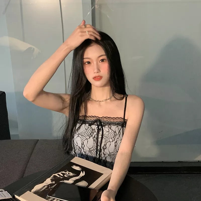 Black Lace Backless Patchwork Camisole
