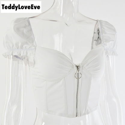 Cute Sexy V Neck Corset Backless Summer Zipper Beach Crop Shirt Tee T-shirt E-Girl Kawaii Korean Japanese Harajuku Chinese Retro Streetwear Aesthetic