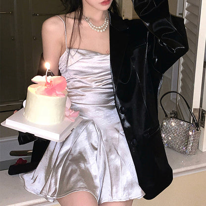 Silver Satin A-Line Mini Dress