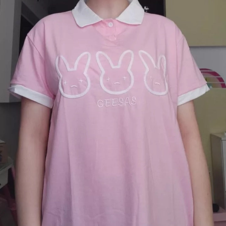 Cute Pastel Bunny Rabbit Embroidery Polo Short Sleeve T- Shirt Top Aesthetic Casual Summer E-Girl Kawaii Korean Japanese Harajuku