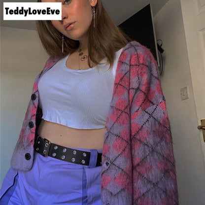 Cute Argyle Print Pink Purple V Neck Sweater Button Sweatshirt Cardigan Pullover Goth Punk Casual E-Girl Kawaii Korean Japanese Harajuku Streetwear