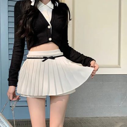 Preppy Pleated Bow Patchwork Mini Skirt