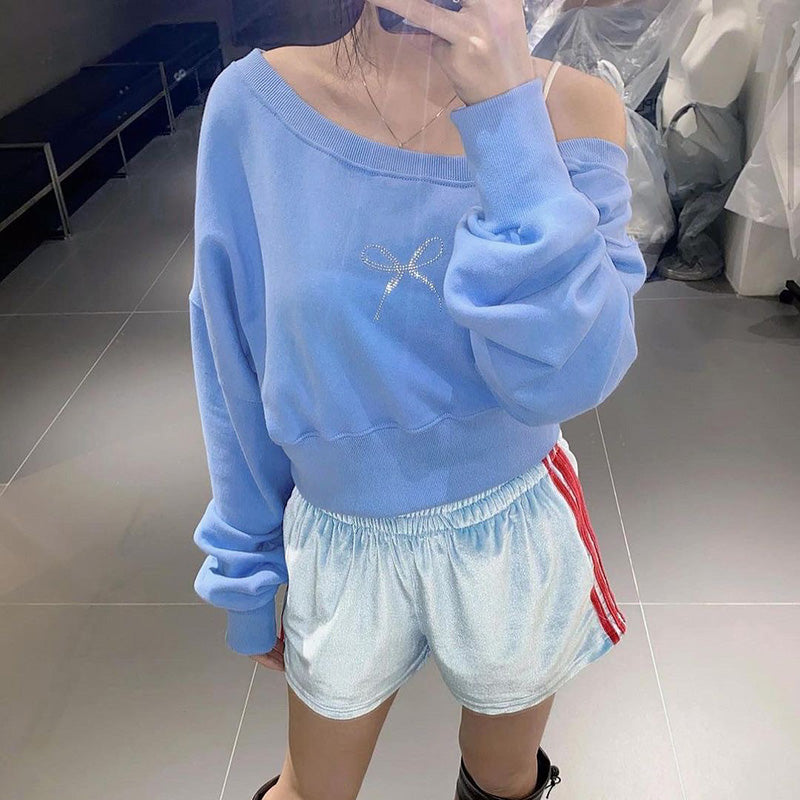 Bow Rhinestone Off Shoulder Sweater