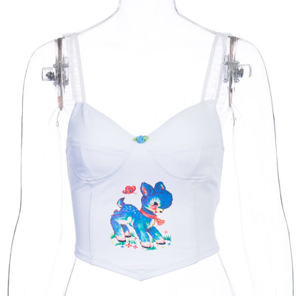 Cute Cartoon Graphic Lace Vintage Spaghetti Strap Crop Top Shirt Tee T-shirt E-Girl Kawaii Korean Japanese Harajuku Chinese Retro Streetwear Aesthetic