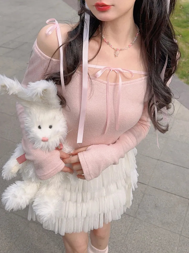Sweet Bow Off Shoulder Long Sleeve Blouse