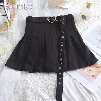 Cute Preppy Summer Pleated Heart Shape Belt High Waist Mini Skirt Bottom E-Girl Kawaii Korean Japanese Harajuku Chinese Retro Streetwear Aesthetic