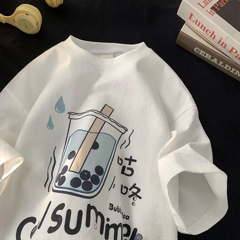 Bubble Milk Tea Print Short Sleeve T-shirt