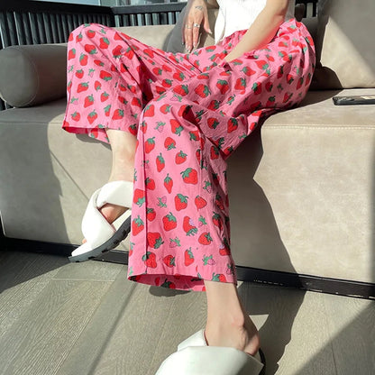 Pink Strawberry Print High Waist Trousers
