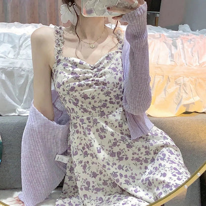 2PCS Purple Floral Spaghetti Strap Mini Dress + Cardigan