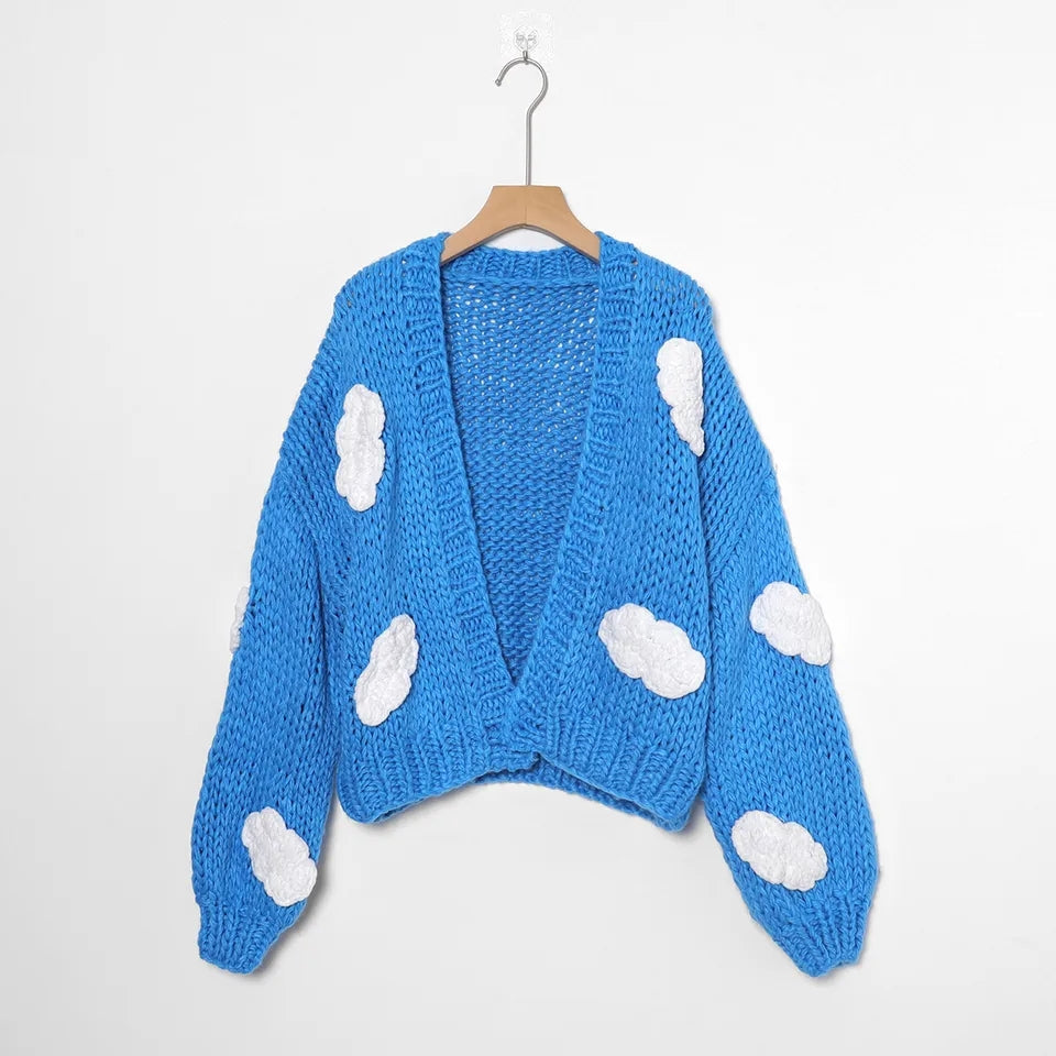 3D Blue Cloud Crochet Cardigan Sweater