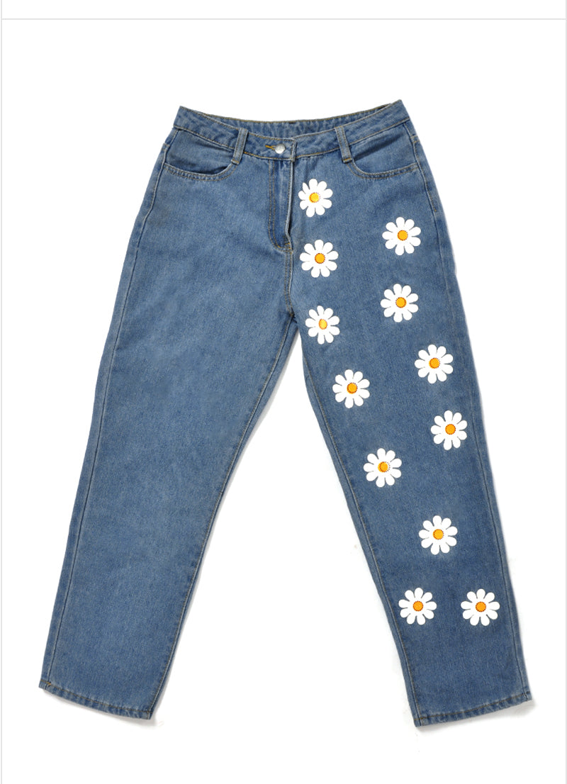 Cute Flower Daisy Denim Chic High Waisted Vintage Jean Pants Trouser E-Girl Kawaii Korean Japanese Harajuku Chinese Retro Streetwear Aesthetic