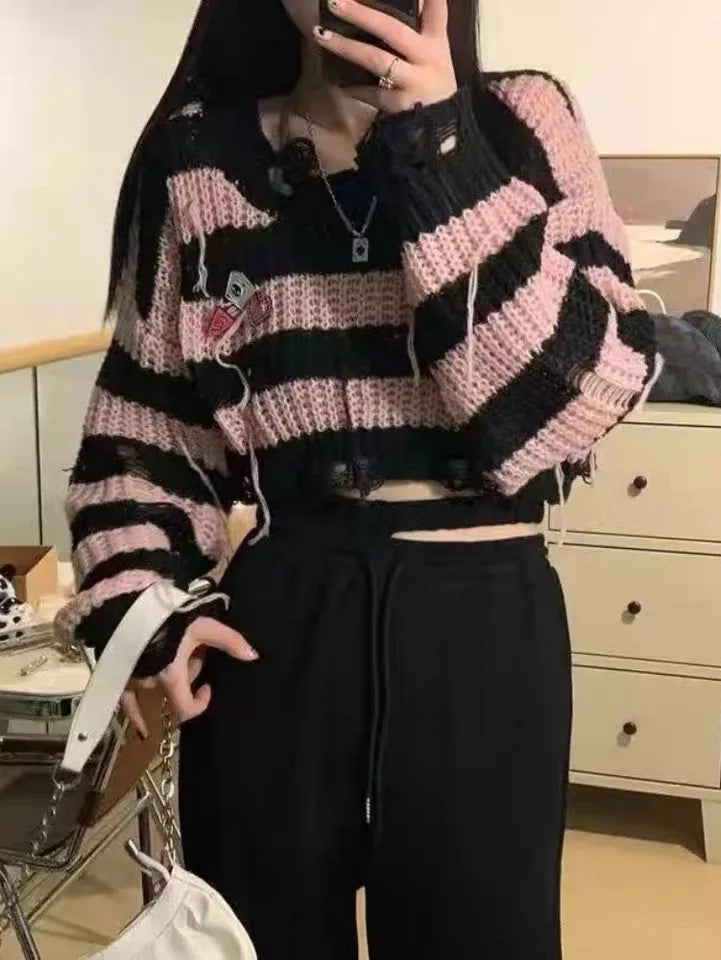 Black & Pink Striped Knit Cropped Pullover