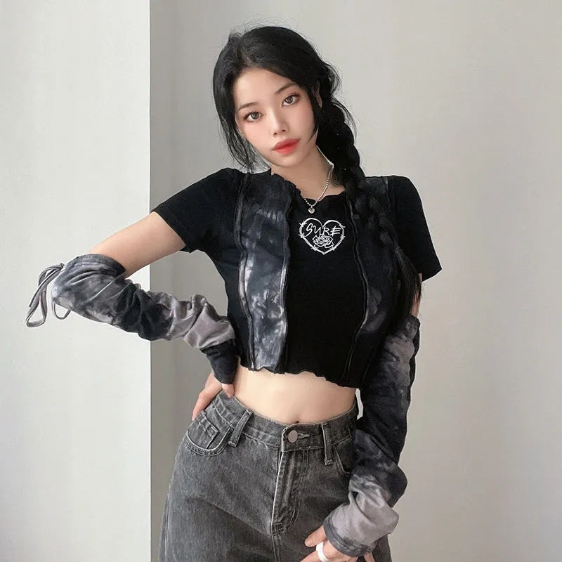Black & Grey Patchwork Crop Top with Sleeve