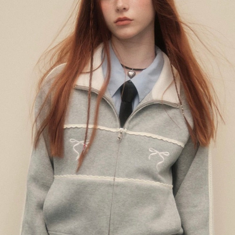 Grey Bow Embroidery Zipper Jacket