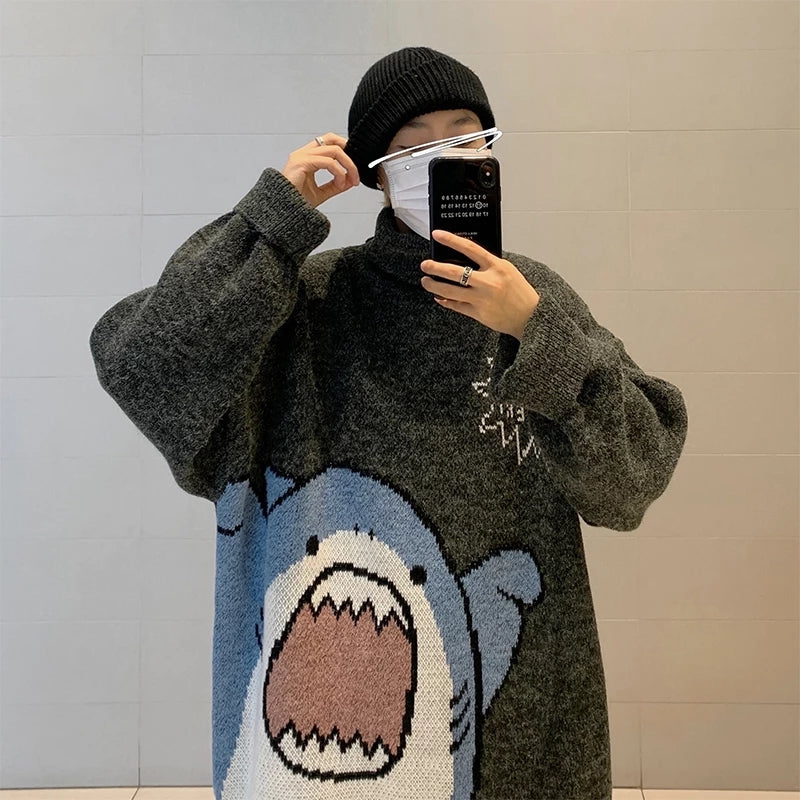 Cute Funny Shark Cartoon Knit Turtleneck Oversized Sweater Pullover Winter Aesthetic Casual Kawaii Korean Japanese Harajuku