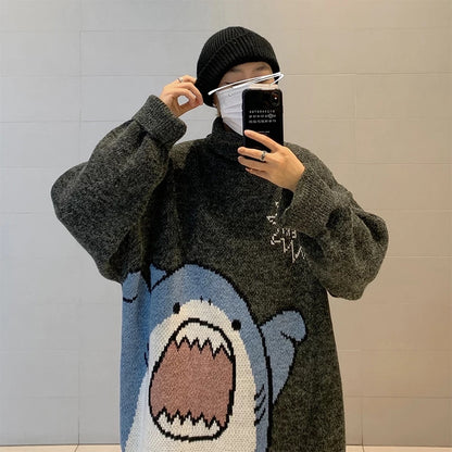 Cute Funny Shark Cartoon Knit Turtleneck Oversized Sweater Pullover Winter Aesthetic Casual Kawaii Korean Japanese Harajuku