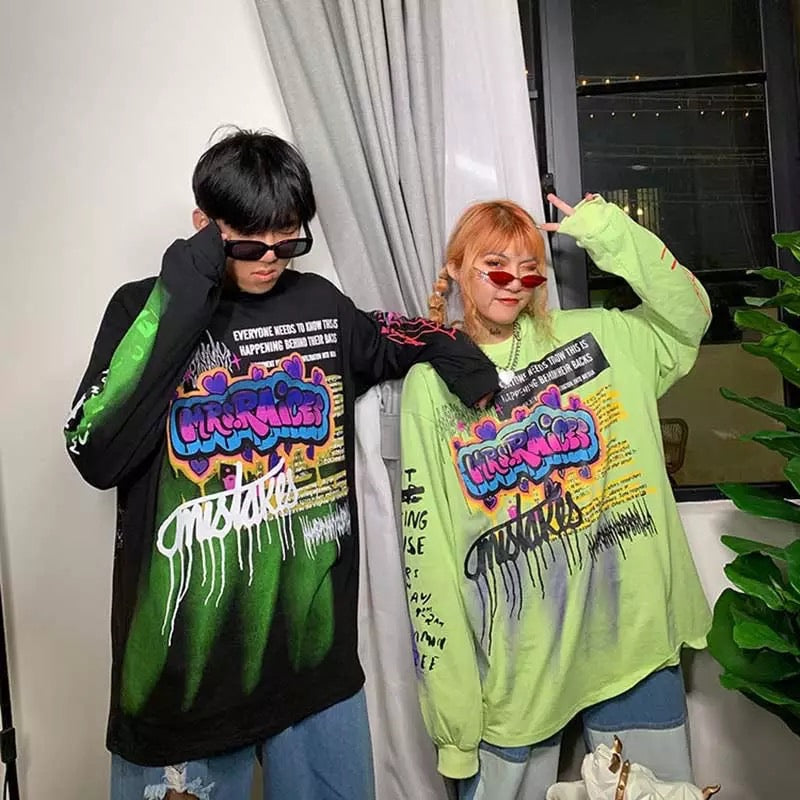 Cute Graffiti Art Graphic Print Punk Baggy Hip Hop Oversized Long Sleeve Tee Shirt T-shirt Top E-Girl Kawaii Korean Japanese Harajuku Streetwear