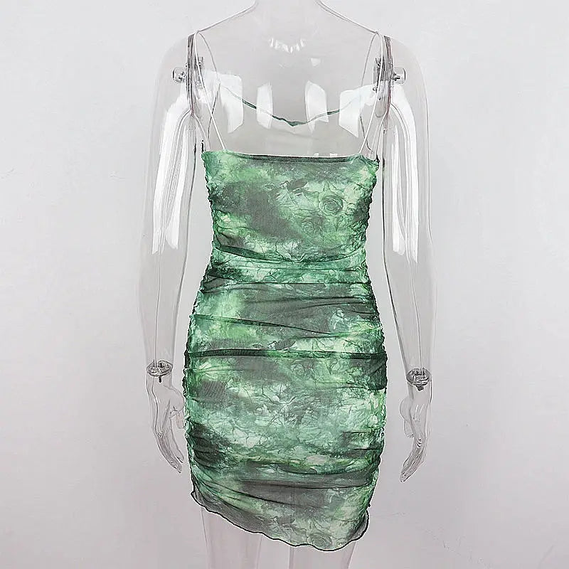 Green Mesh Spaghetti Strap Mini Dress