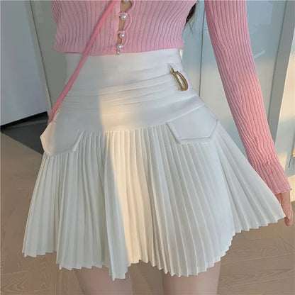 White Pleated D Metal Plate High Waist Mini Skirt