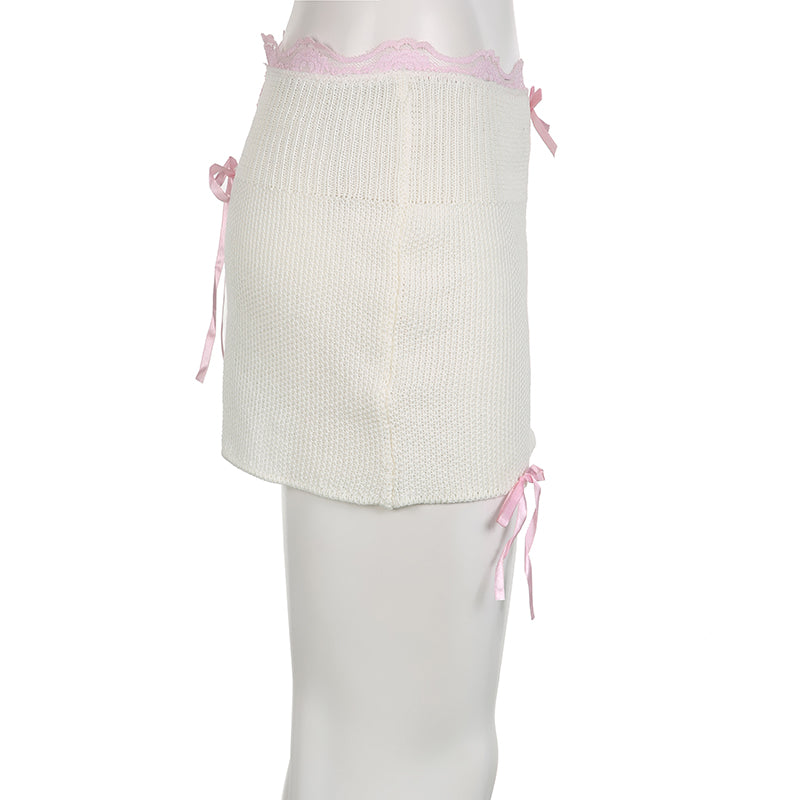 White Knit Bow Ribbed Trim Low Waist Mini Skirt