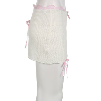 White Knit Bow Ribbed Trim Low Waist Mini Skirt
