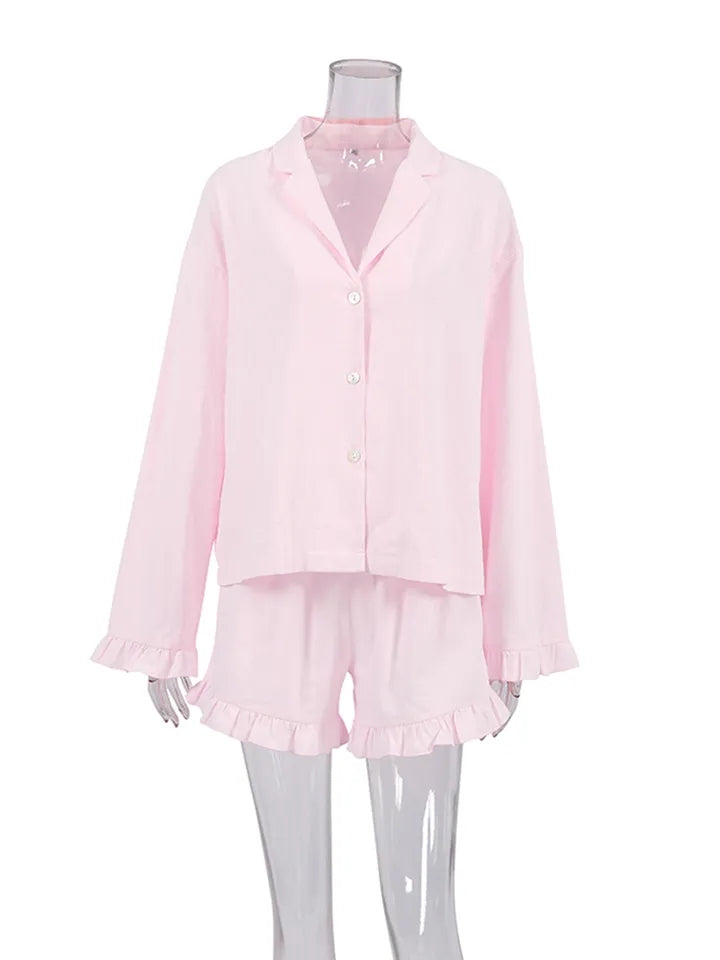 2PCS Pink Ruffle Long Sleeve Shirt + Shorts Pajama Set