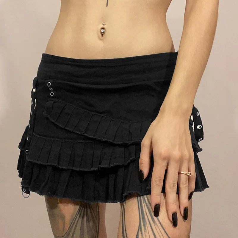 Black Denim Pleated Low Waist Irregular Mini Skirt