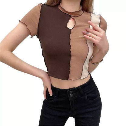 Brown Patchwork Trim Hollow Short Sleeve T-shirt