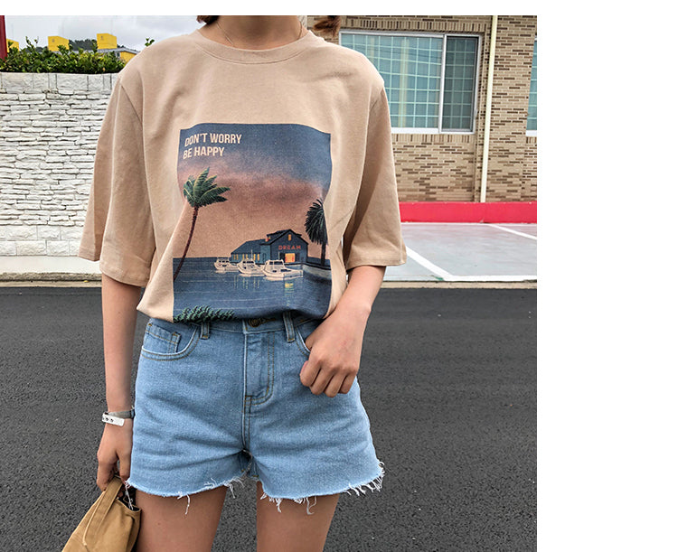 Cute Vintage Pastel Summer Beach Art Print Short Sleeve Tee Shirt T-shirt Top Oversized Loose Causal E-Girl Kawaii Korean Japanese Harajuku Streetwear