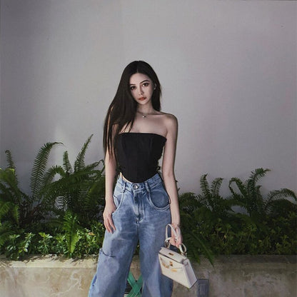 Sexy Black Corset Lace Tie Up Bustier Crop Top Sleeveless Strapless Vest Party Club Aesthetic Goth E-Girl Kawaii Korean Japanese Harajuku Streetwear