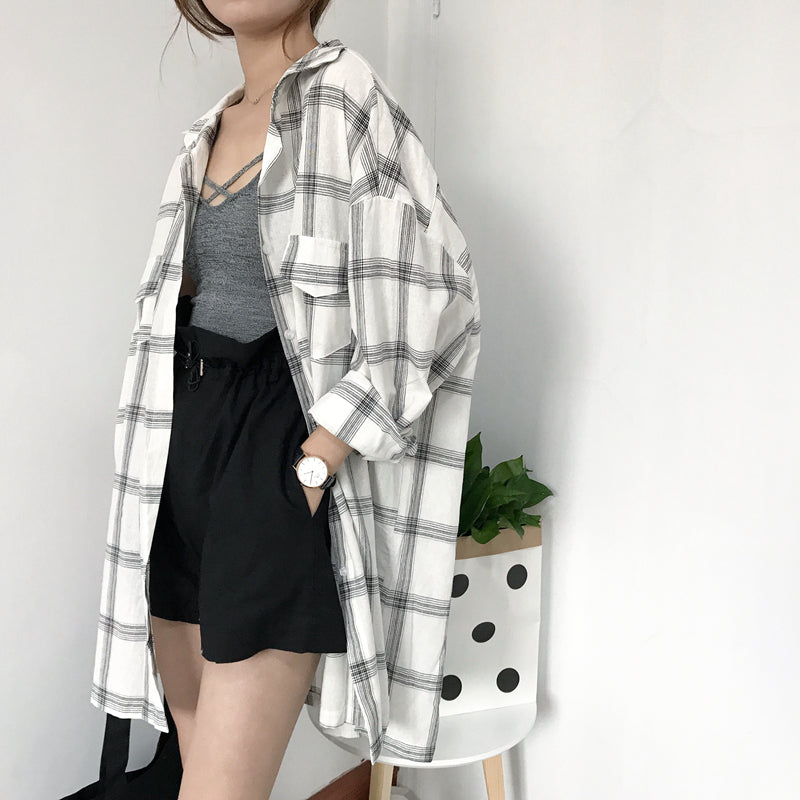 Cute Casual Plaid Flannel Loose Oversized Long Sleeve Shirt Top Boyfriend Baggy E-Girl Kawaii Korean Japanese Harajuku Retro Streetwear