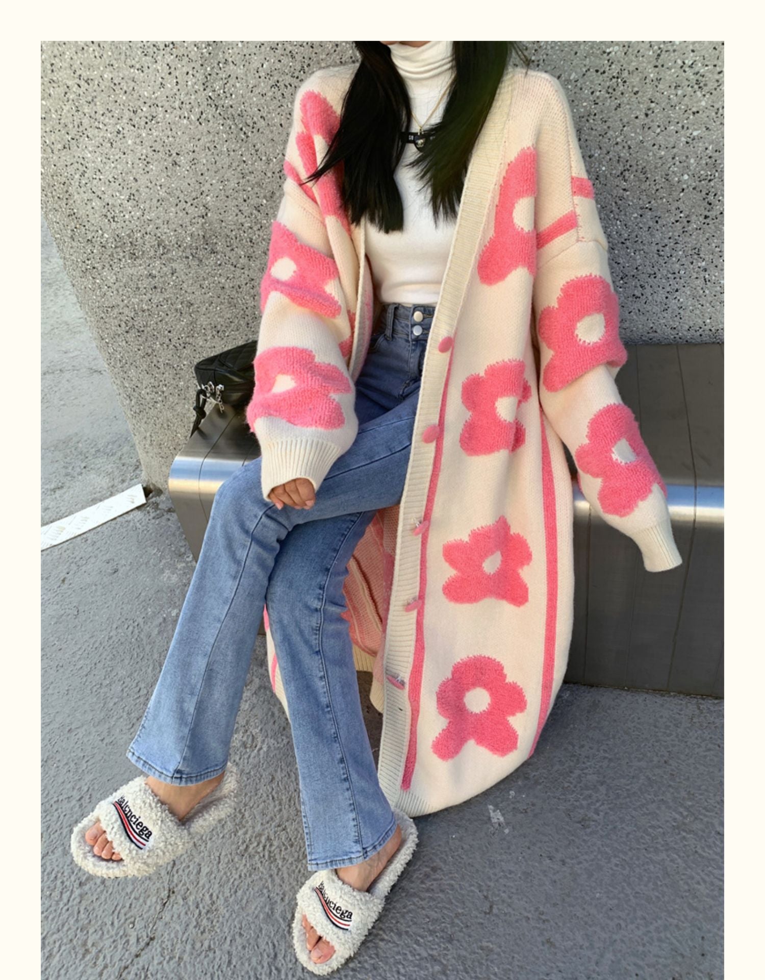 Pink Flower Oversized Knit Cardigan