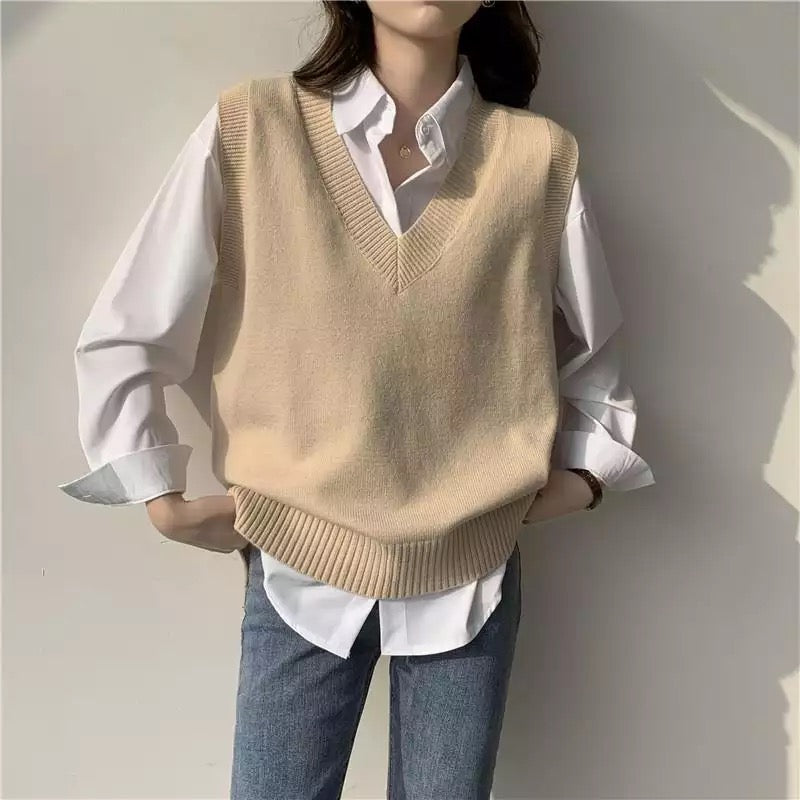 Cute Solid Simple V Neck Knit Vest Sleeveless Oversized Loose Sweater Sweatshirt Pullover Jumper E-Girl Kawaii Korean Japanese Harajuku Streetwear