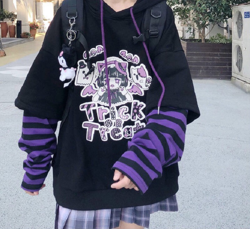 Anime Girl Cartoon Casual Stripe Loose Oversized Hoodie Sweater Sweatshirt Long Sleeve Pullover E-Girl Kawaii Korean Japanese Harajuku Streetwear