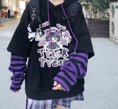 Anime Girl Cartoon Casual Stripe Loose Oversized Hoodie Sweater Sweatshirt Long Sleeve Pullover E-Girl Kawaii Korean Japanese Harajuku Streetwear