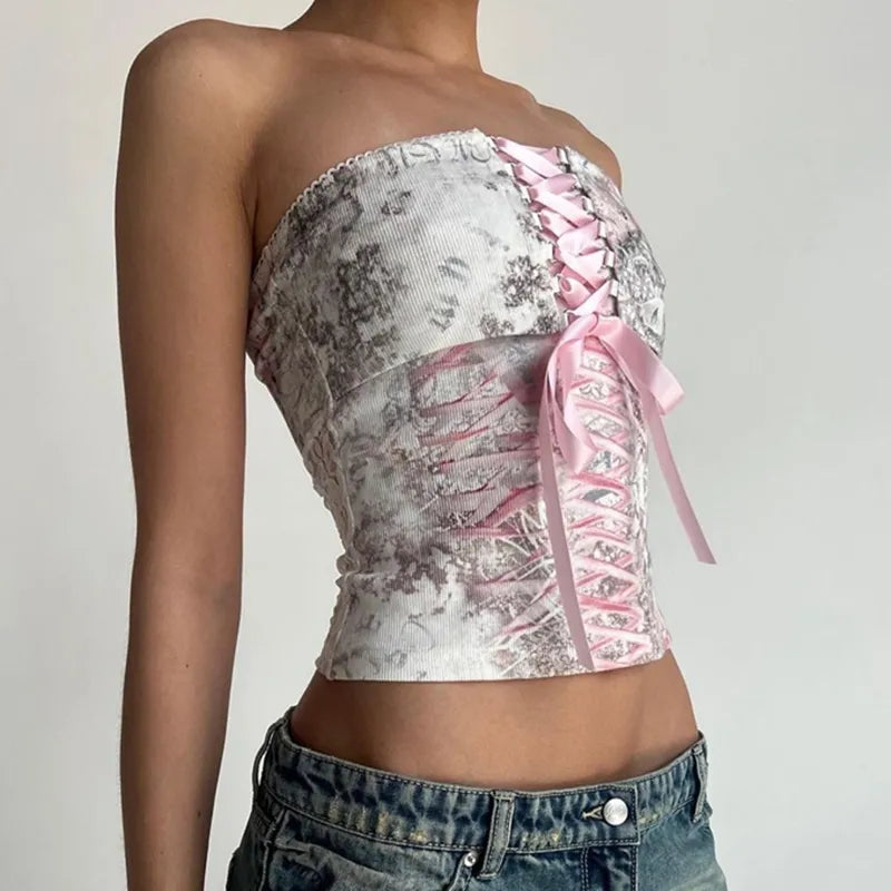 Pink Floral Ribbon Lace Up Corset Top