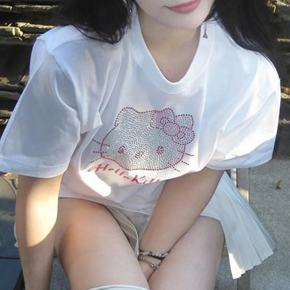 Kitty Cat Anime Rhinestone Short Sleeve T-shirt